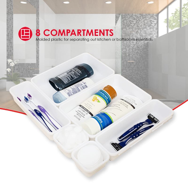 Home Basics 8 Piece Kitchen, Adjustable and Customizable Multi-Drawer Divider Organizer Set Multipurpose Use White - Image 2